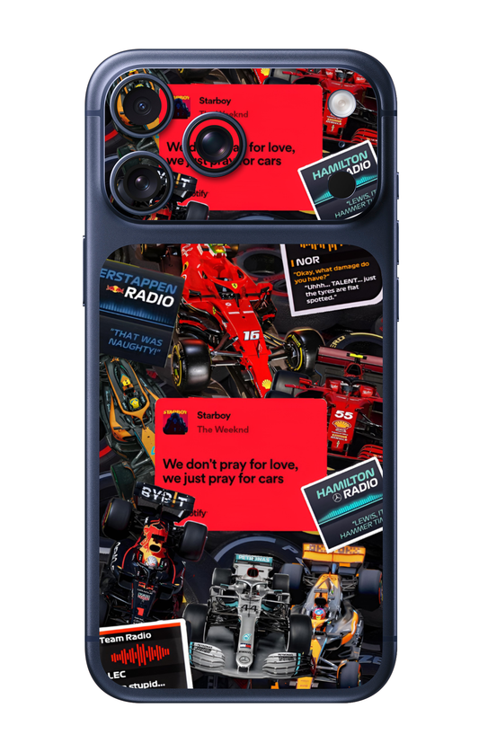 F1 We Just Pray For Cars Aesthetic Collage Camera & Pocket Edition Mobile Skin for iPhone 17 Pro & 17 Pro Max
