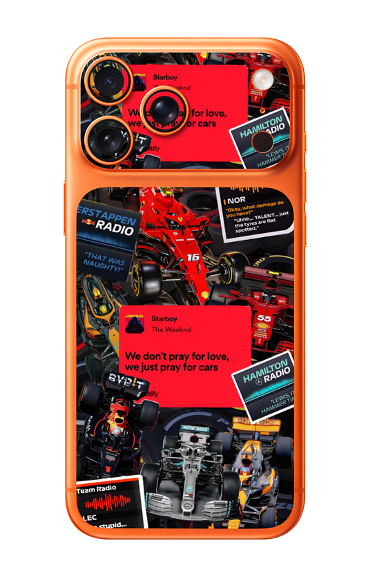 F1 We Just Pray For Cars Aesthetic Collage Camera & Pocket Edition Mobile Skin for iPhone 17 Pro & 17 Pro Max