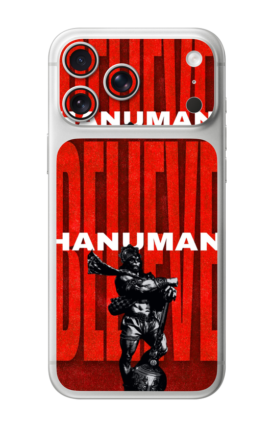 Lord Hanuman Believe Bold Red Typography Camera & Pocket Edition Mobile Skin for iPhone 17 Pro & 17 Pro Max