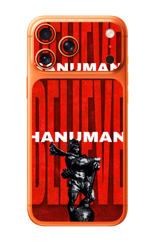 Lord Hanuman Believe Bold Red Typography Camera & Pocket Edition Mobile Skin for iPhone 17 Pro & 17 Pro Max